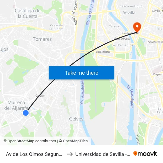 Av de Los Olmos Segunda Parada V to Universidad de Sevilla - Rectorado map