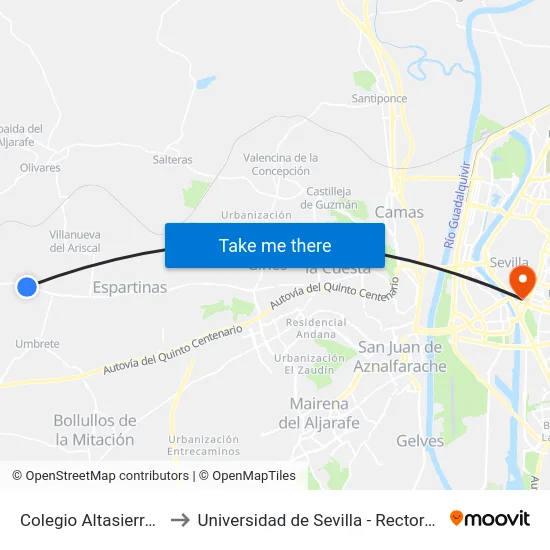 Colegio Altasierra V to Universidad de Sevilla - Rectorado map