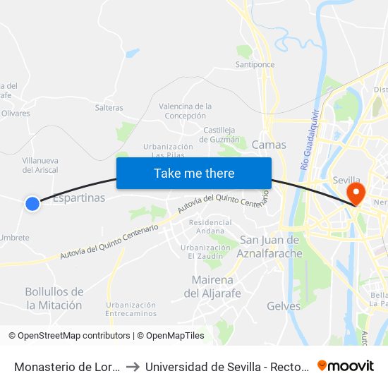 Monasterio de Loreto to Universidad de Sevilla - Rectorado map