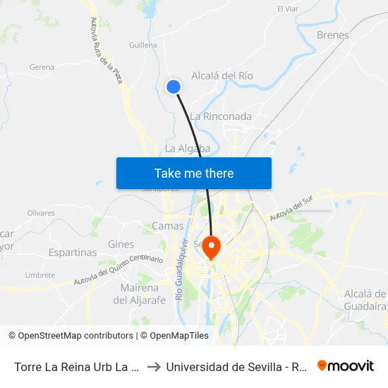 Torre La Reina Urb La Reina V to Universidad de Sevilla - Rectorado map