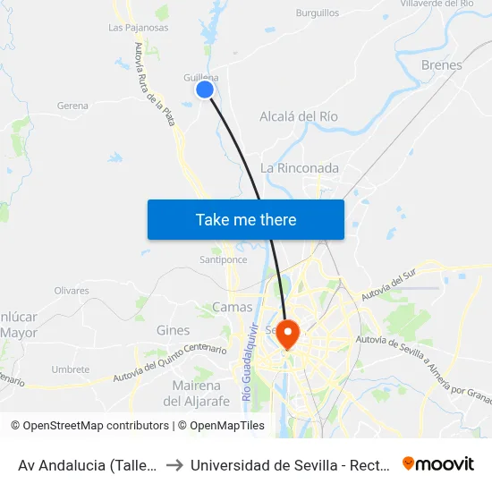 Av Andalucia (Taller) (I) to Universidad de Sevilla - Rectorado map