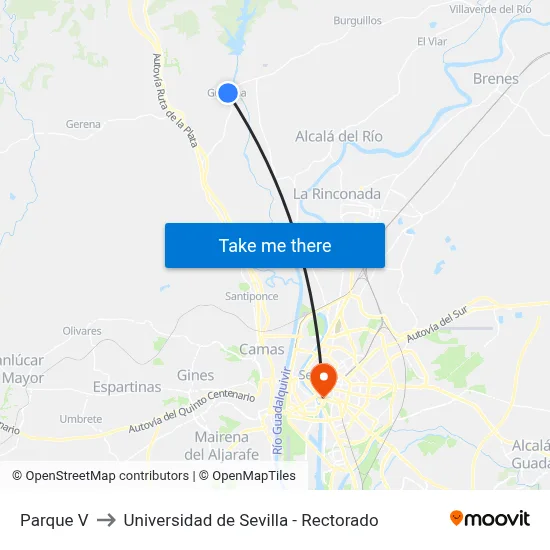 Parque V to Universidad de Sevilla - Rectorado map