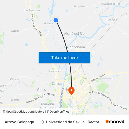Arroyo Galapagar V to Universidad de Sevilla - Rectorado map