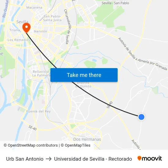 Urb San Antonio to Universidad de Sevilla - Rectorado map