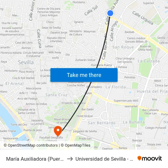María Auxiliadora (Puerta Osario) to Universidad de Sevilla - Rectorado map
