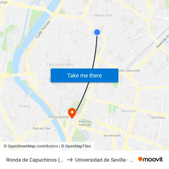 Ronda de Capuchinos (León Xiii) to Universidad de Sevilla - Rectorado map