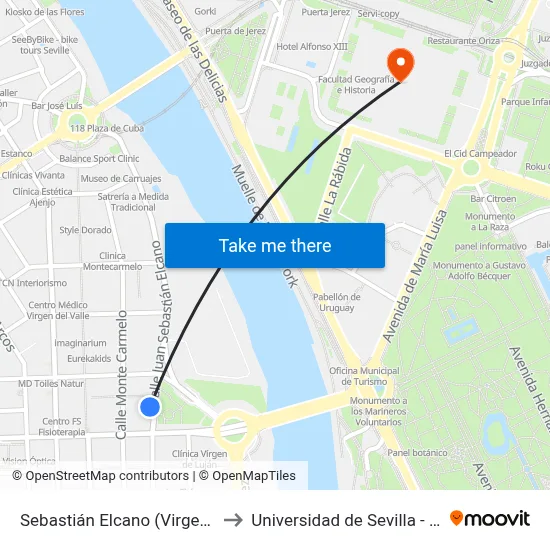 Sebastián Elcano (Virgen de Luján) to Universidad de Sevilla - Rectorado map