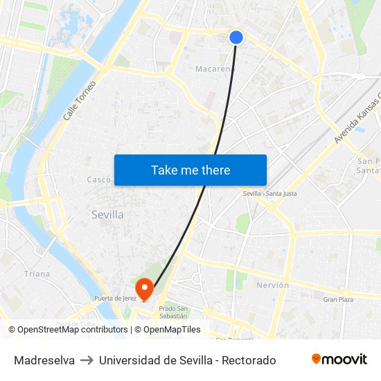 Madreselva to Universidad de Sevilla - Rectorado map