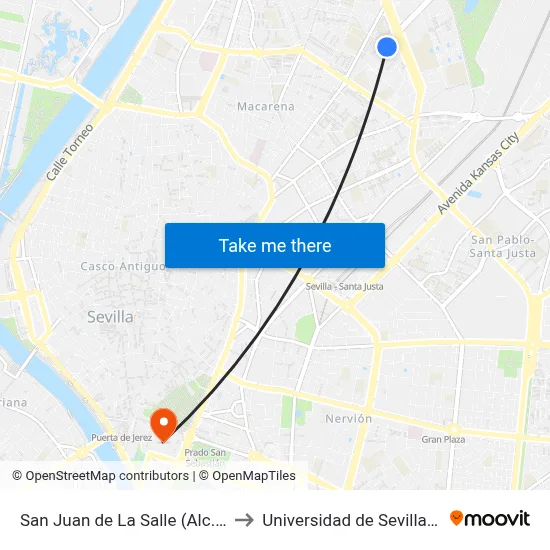 San Juan de La Salle (Alc. M. Del Valle) to Universidad de Sevilla - Rectorado map