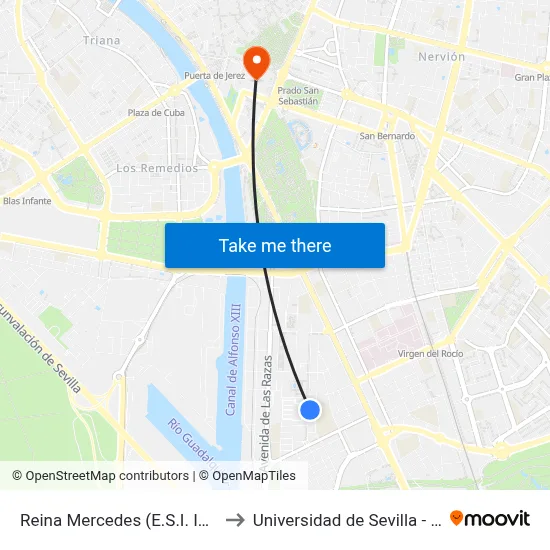 Reina Mercedes (E.S.I. Informática) to Universidad de Sevilla - Rectorado map