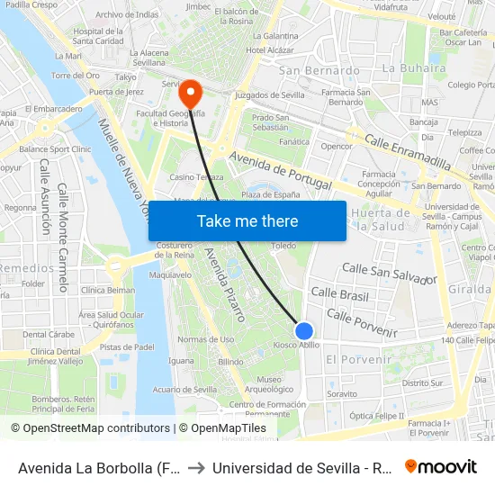 Avenida La Borbolla  (Felipe II) to Universidad de Sevilla - Rectorado map