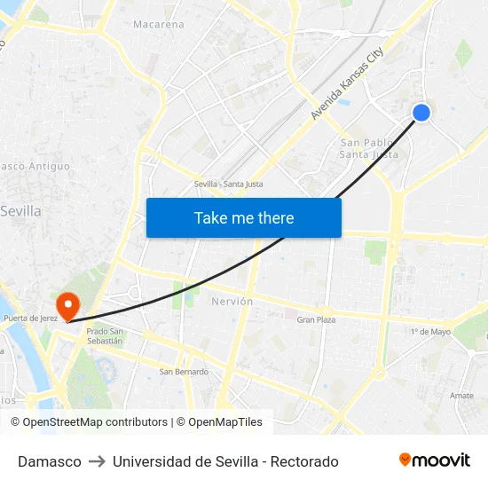 Damasco to Universidad de Sevilla - Rectorado map