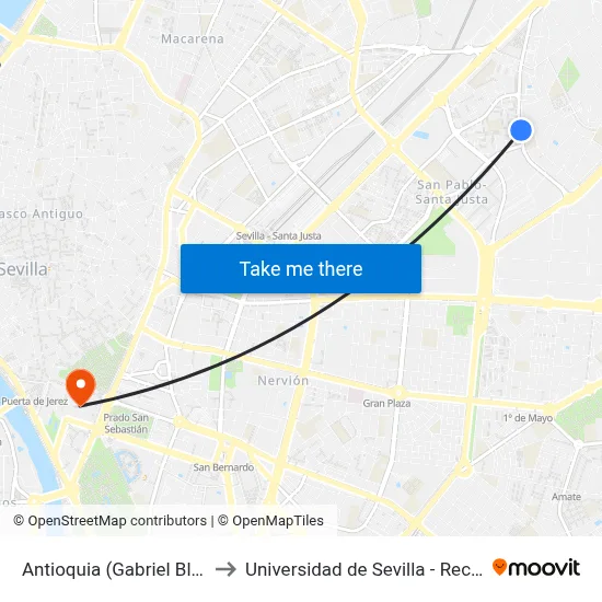 Antioquia (Gabriel Blanco) to Universidad de Sevilla - Rectorado map