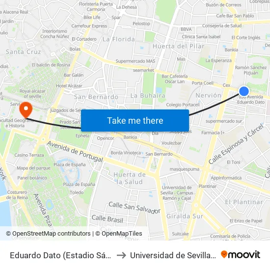 Eduardo Dato (Estadio Sánchez Pizjuan) to Universidad de Sevilla - Rectorado map