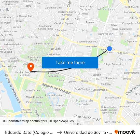 Eduardo Dato (Colegio Porta Coeli) to Universidad de Sevilla - Rectorado map