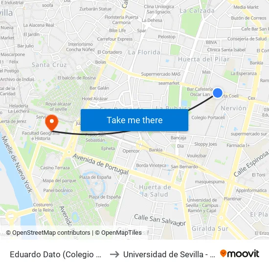 Eduardo Dato (Colegio Porta Coeli) to Universidad de Sevilla - Rectorado map