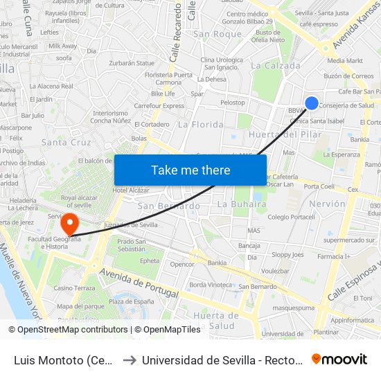 Luis Montoto (Cefiro) to Universidad de Sevilla - Rectorado map