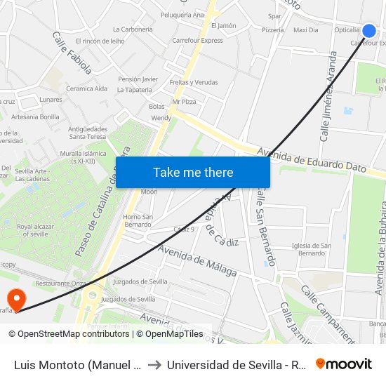 Luis Montoto (Manuel Halcon) to Universidad de Sevilla - Rectorado map