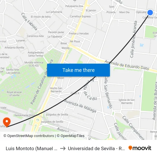 Luis Montoto (Manuel Halcon) to Universidad de Sevilla - Rectorado map