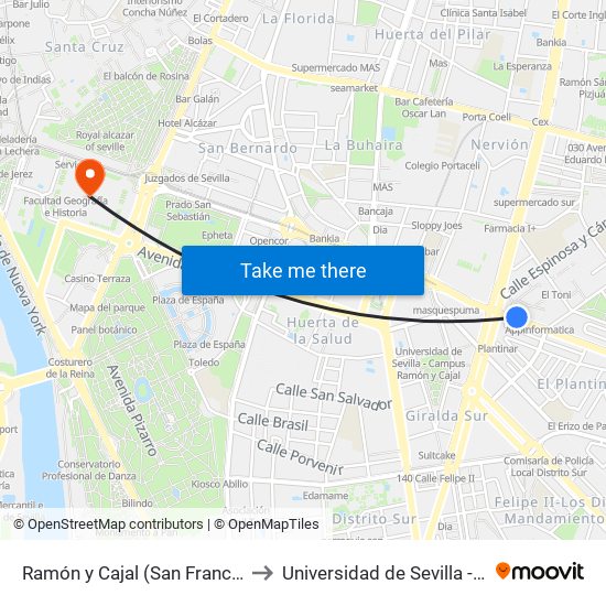 Ramón y Cajal (San Francisco Javier) to Universidad de Sevilla - Rectorado map