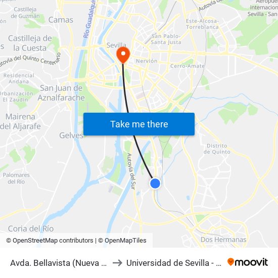 Avda. Bellavista (Nueva Bellavista) to Universidad de Sevilla - Rectorado map