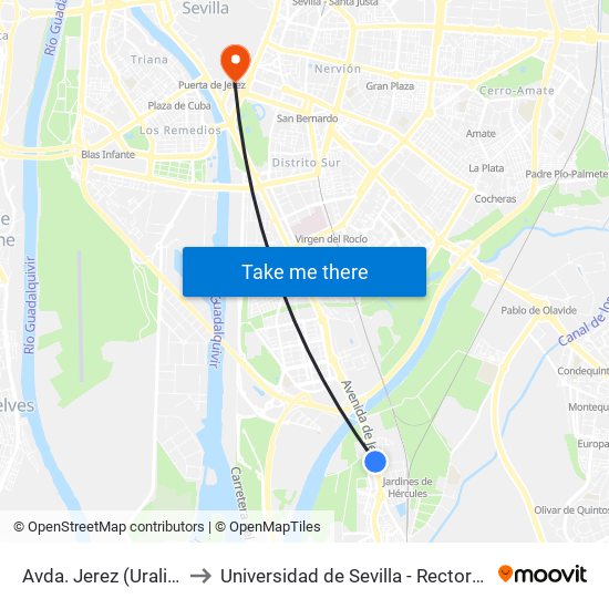 Avda. Jerez (Uralita) to Universidad de Sevilla - Rectorado map