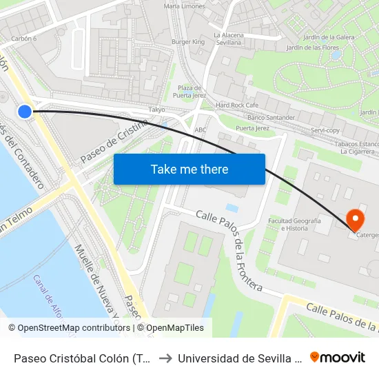 Paseo Cristóbal Colón (Torre Del Oro) to Universidad de Sevilla - Rectorado map