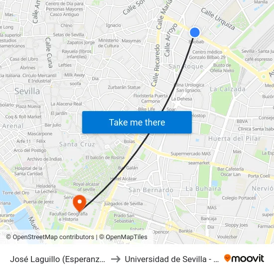 José Laguillo (Esperanza Trinidad) to Universidad de Sevilla - Rectorado map