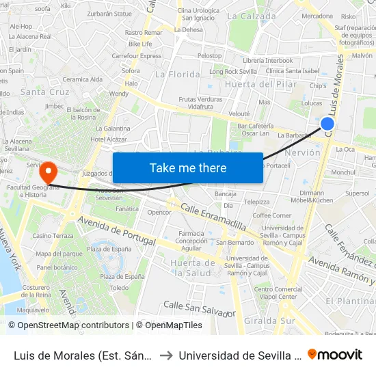 Luis de Morales (Est. Sánchez Pizjuán) to Universidad de Sevilla - Rectorado map