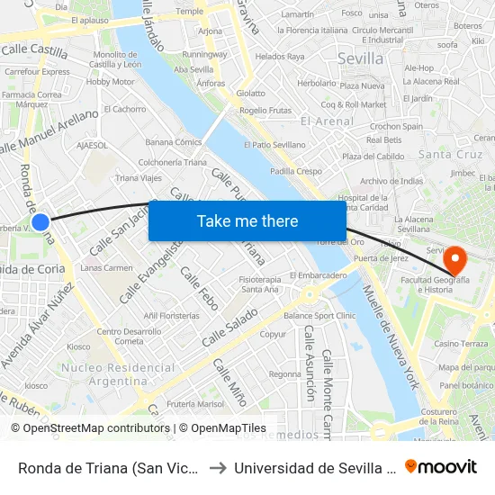 Ronda de Triana (San Vicente de Paúl) to Universidad de Sevilla - Rectorado map