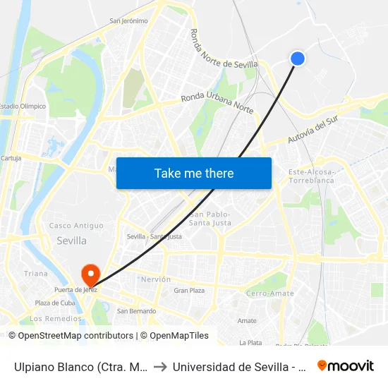 Ulpiano Blanco (Ctra. Miraflores) to Universidad de Sevilla - Rectorado map