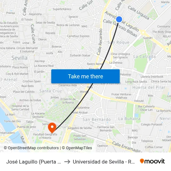 José Laguillo (Puerta Osario) to Universidad de Sevilla - Rectorado map
