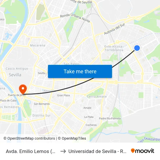 Avda. Emilio Lemos (Calcuta) to Universidad de Sevilla - Rectorado map