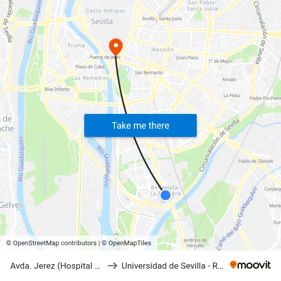 Avda. Jerez (Hospital Fremap) to Universidad de Sevilla - Rectorado map