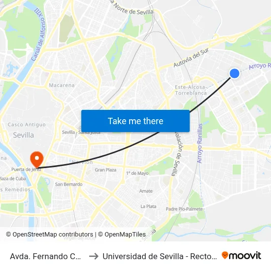 Avda. Fernando Corral to Universidad de Sevilla - Rectorado map