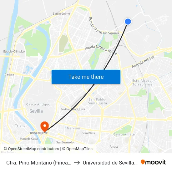 Ctra. Pino Montano (Finca Encarnación) to Universidad de Sevilla - Rectorado map
