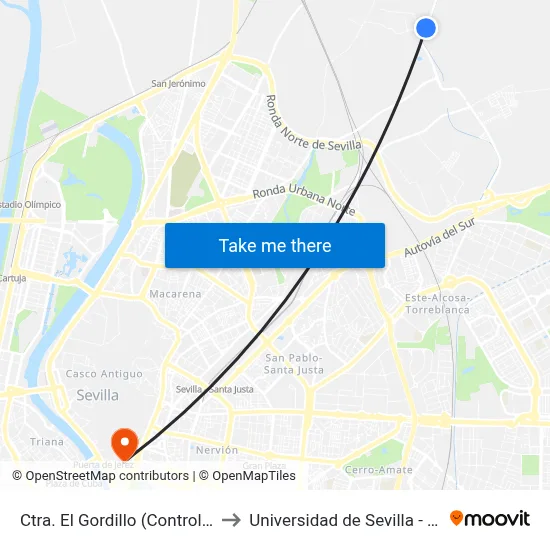 Ctra. El Gordillo (Control de Vuelo) to Universidad de Sevilla - Rectorado map