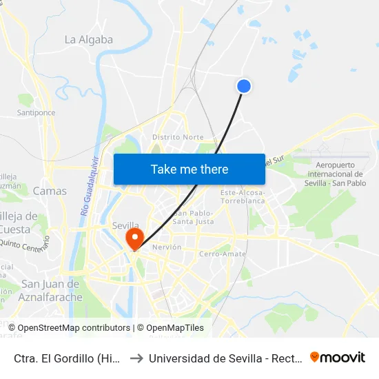 Ctra. El Gordillo (Hiedra) to Universidad de Sevilla - Rectorado map