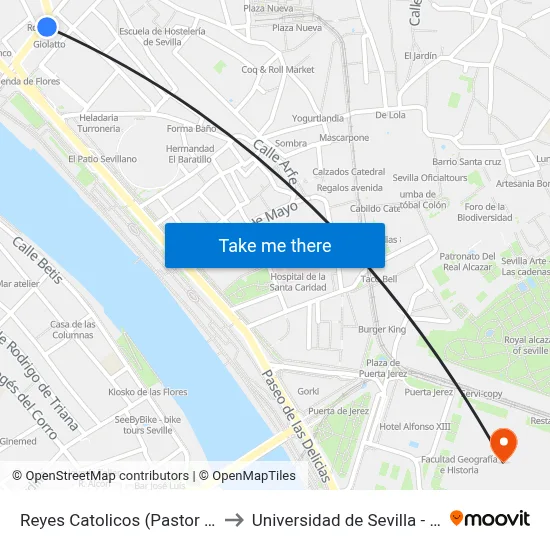 Reyes Catolicos (Pastor y Landero) to Universidad de Sevilla - Rectorado map