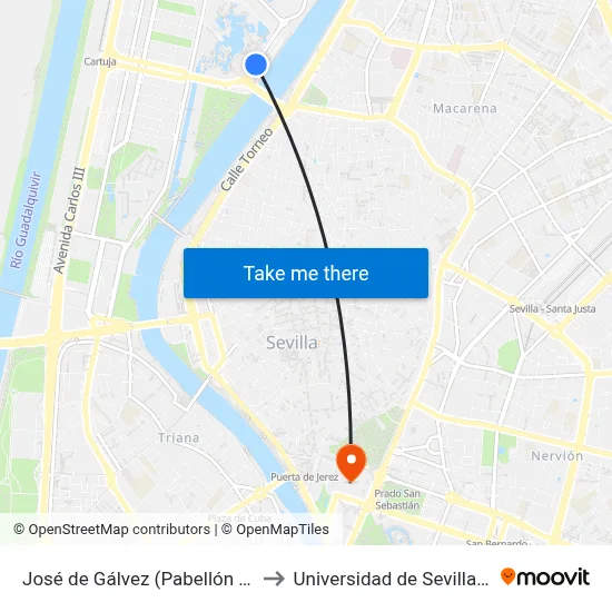 José de Gálvez (Pabellón de Andalucía) to Universidad de Sevilla - Rectorado map