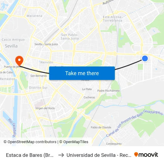 Estaca de Bares (Brunete) to Universidad de Sevilla - Rectorado map