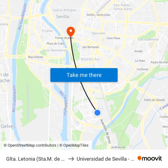 Glta. Letonia (Sta.M. de La Cabeza) to Universidad de Sevilla - Rectorado map