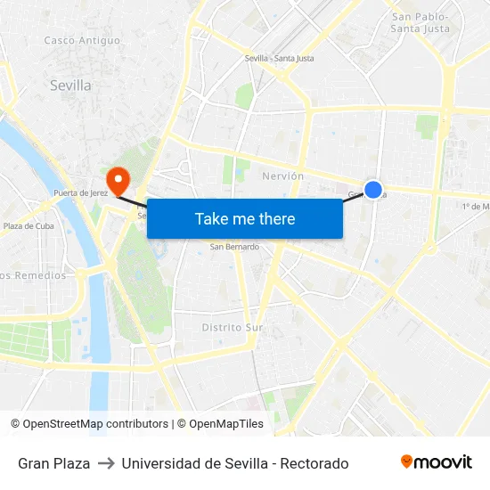 Gran Plaza to Universidad de Sevilla - Rectorado map