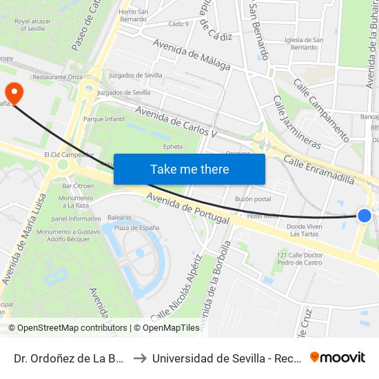 Dr. Ordoñez de La Barrera to Universidad de Sevilla - Rectorado map