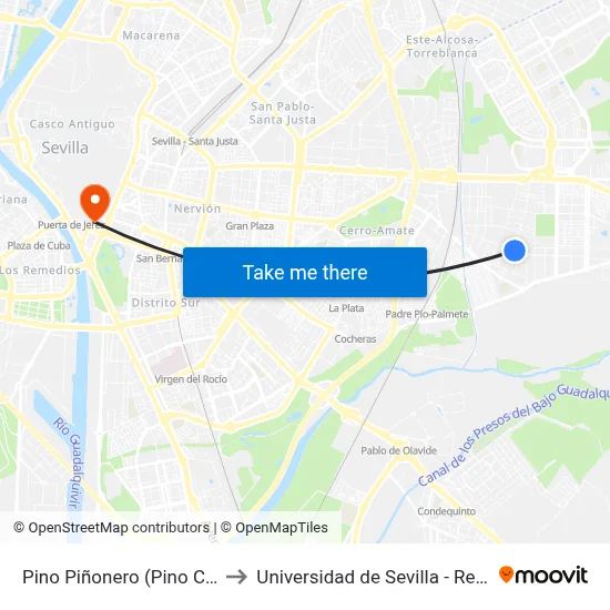 Pino Piñonero (Pino Central) to Universidad de Sevilla - Rectorado map