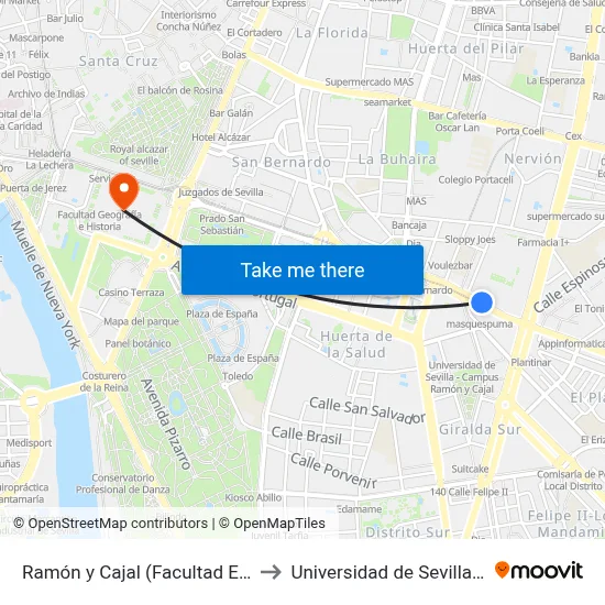 Ramón y Cajal (Facultad Empresariales) to Universidad de Sevilla - Rectorado map