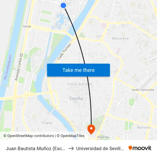 Juan Bautista Muñoz (Esc. de Ingenieria) to Universidad de Sevilla - Rectorado map