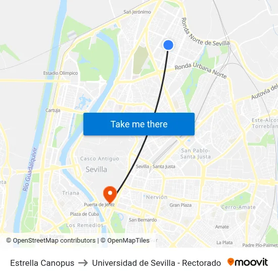 Estrella Canopus to Universidad de Sevilla - Rectorado map