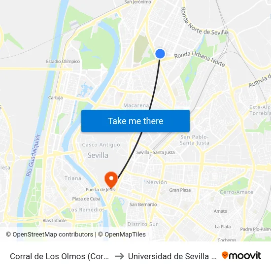 Corral de Los Olmos (Corral Del Agua) to Universidad de Sevilla - Rectorado map