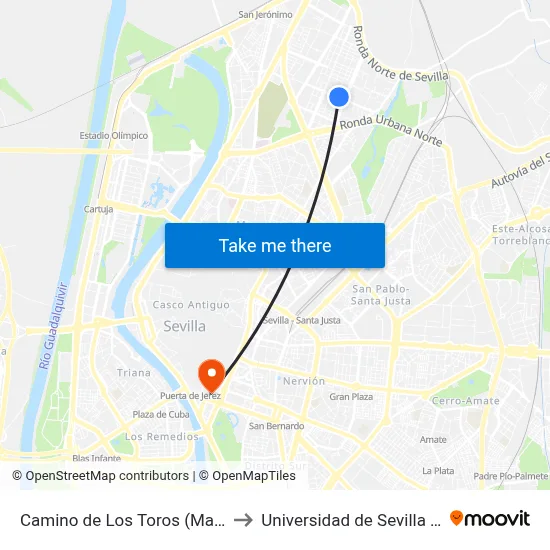 Camino de Los Toros (Mar de Alborán) to Universidad de Sevilla - Rectorado map